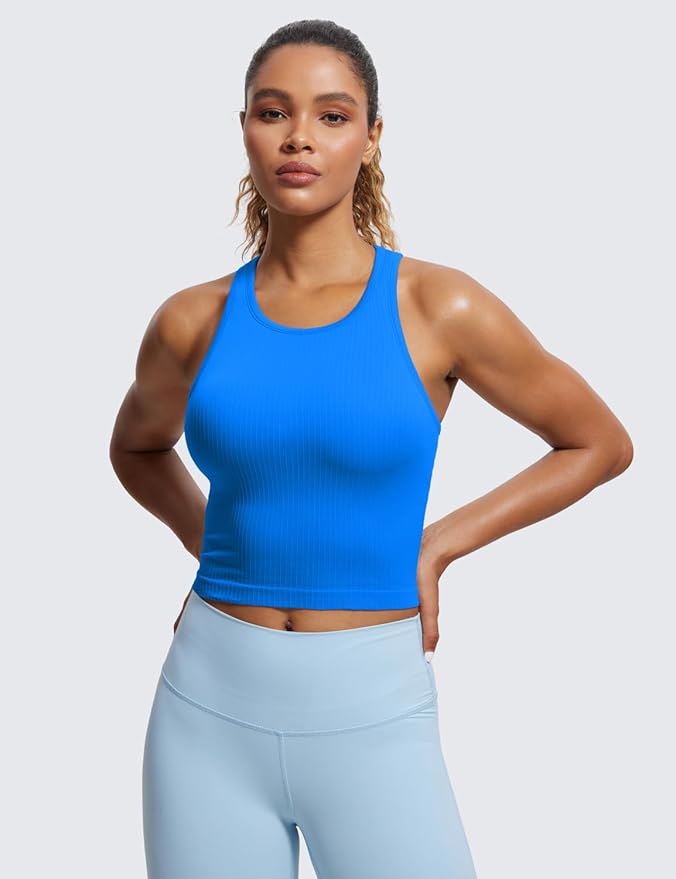 CRZ YOGA Seamless Ribbed High Neck Crop Tank Tops for Women - Longline Racerback Padded Sports Bras