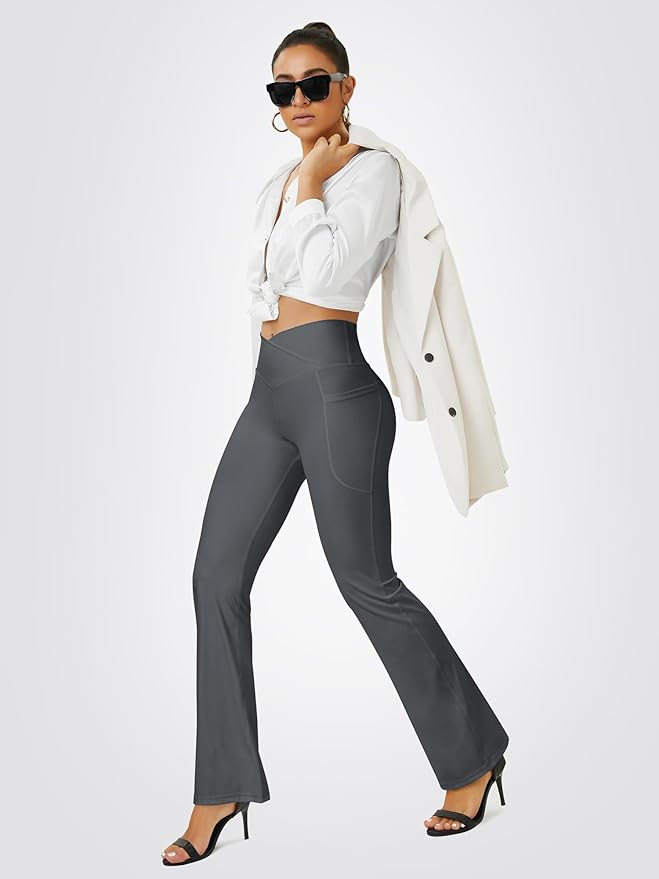 FOHOFO Yoga Pants Women, Flare Leggings for Women with Pockets Crossover High Waisted Bootcut Yoga Pants