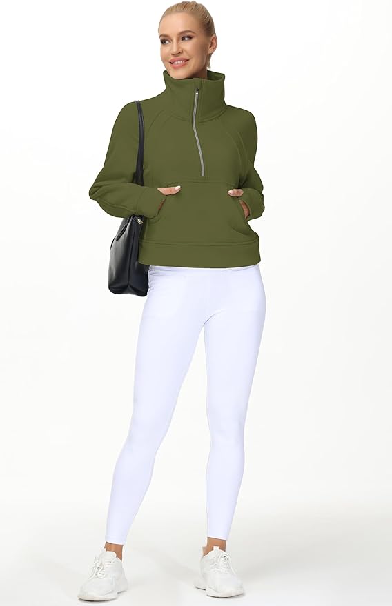 THE GYM PEOPLE Womens' Half Zip Pullover Fleece Stand Collar Crop Sweatshirt with Pockets Thumb Hole