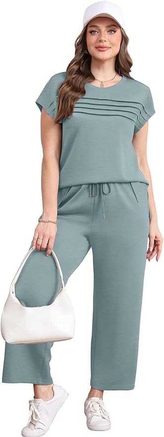 WIHOLL Two Piece Sets for Women Summer Spring Travel Vacation Outfits Cap Sleeve Lounge Matching Sets Wide Leg Pants S-3XL