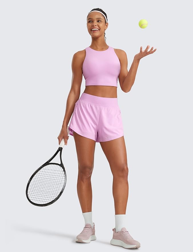 CRZ YOGA 2 in 1 Double Layer Running Shorts for Women 3" - High Waisted for Athletic Tennis Workout with Zip Pockets
