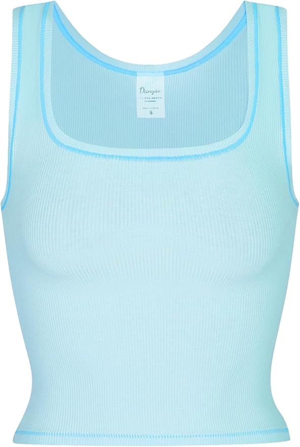 Danysu Women Rib Tank Top Padded Workout Top Square Neck Crop Tank Fitted Basic Cami Tops