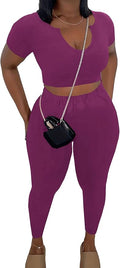 Nimsruc 2 Piece Sets For Women Sexy Casual Workout Crop Short Sleeve Long pants Leggings Sets Summer Active Wear