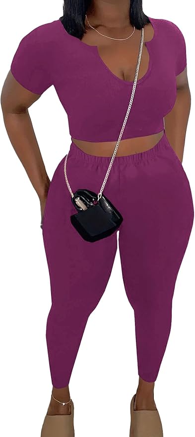 Nimsruc 2 Piece Sets For Women Sexy Casual Workout Crop Short Sleeve Long pants Leggings Sets Summer Active Wear