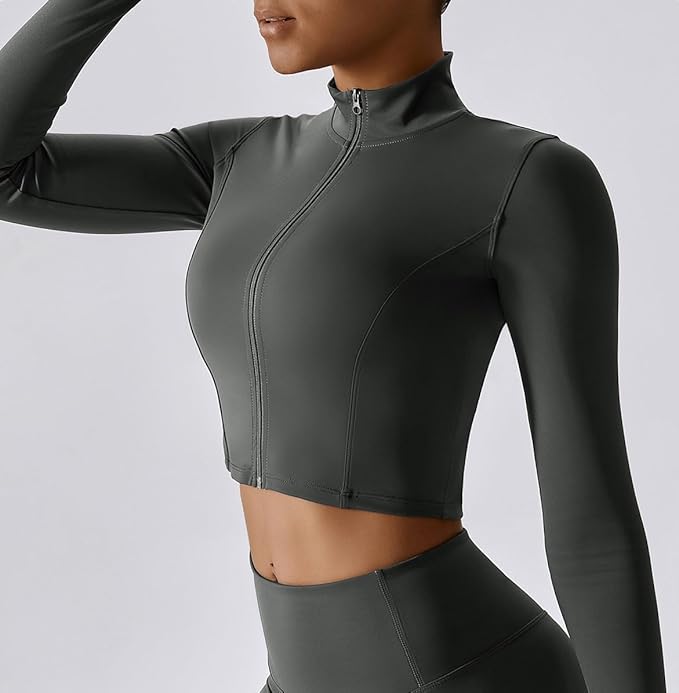 Yknktstc Womens Full Zip Athletic Jacket with Thumbhole Long Sleeve Crop Top Running Workout Yoga Sportswear Shirt