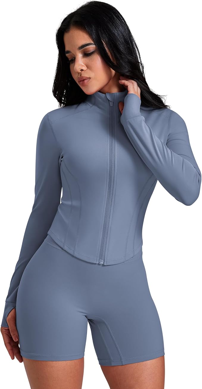 AVGO Women's Workout Jacket Lightweight Zip Up Crop Top Running Sportwear Slim Fit Gym Jackets With Thumb Holes