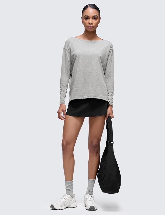 CRZ YOGA Pima Cotton Boat Neck Long Sleeve Shirts for Women - Workout Athletic Yoga Casual Tops Loose Fit Fall T-Shirts