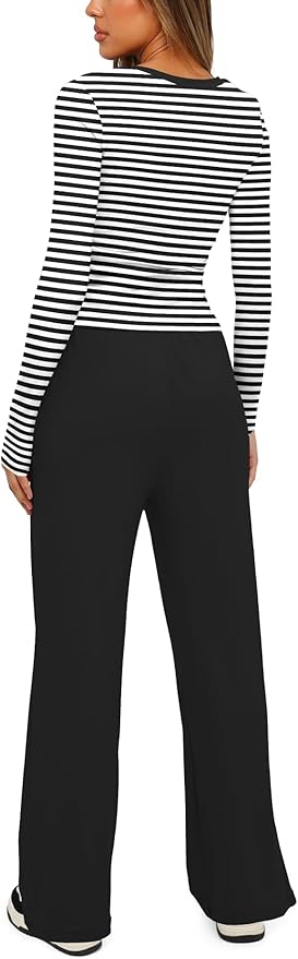 Darong Women's 2 Piece Outfits Lounge Sets 2026 Long Sleeve Tops Wide Leg Pants Casual Matching Set