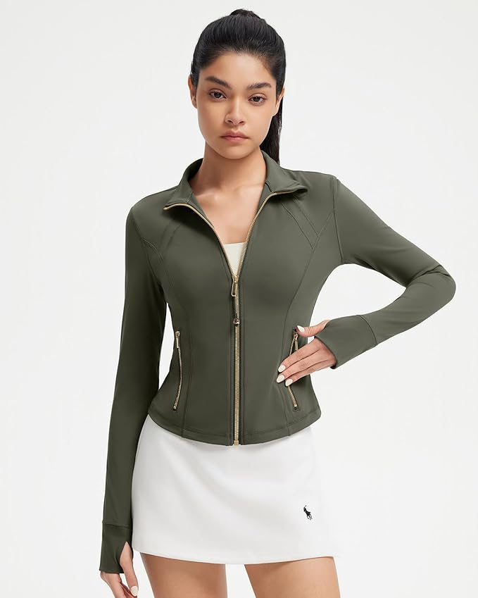 SUUKSESS Women Golden Full Zip Up Workout Cropped Jackets Lightweight Athletic Yoga Tops