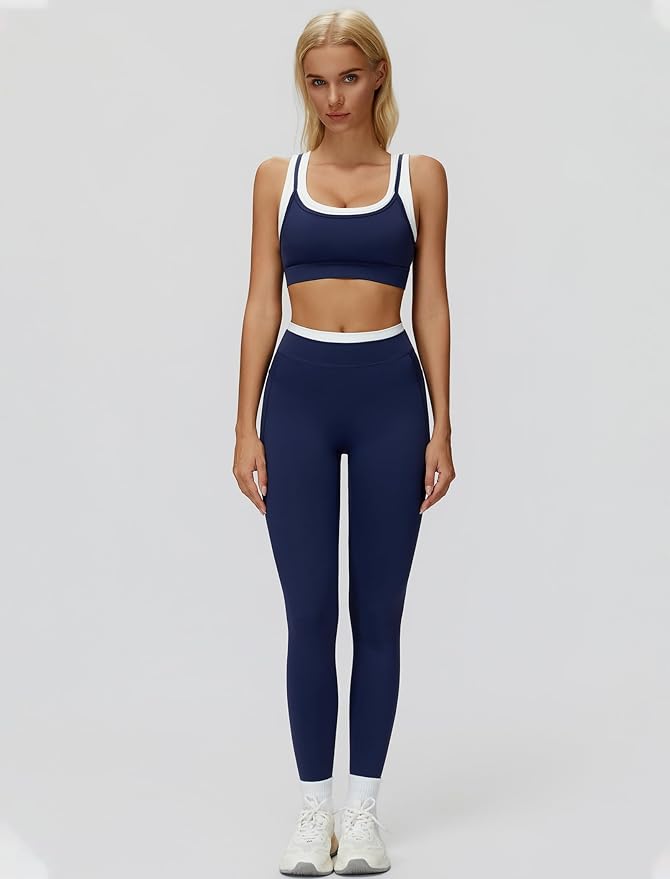 Women 2 Piece Workout U Back Color Block Sports Bra High Waist Active Leggings Yoga Pilates Outfits
