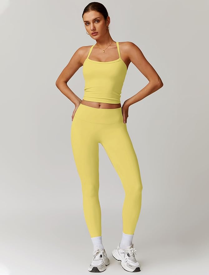 QBGJTD Womens Workout Sets Two Piece Cross Back Tank Top Matching High Waist Leggings Sets Gym Outfits Work Out Clothes