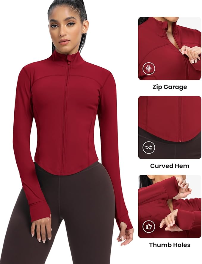 AVGO Women's Cropped Running Workout Jackets Zip Slim Fit Athletic Tops with Thumb Holes
