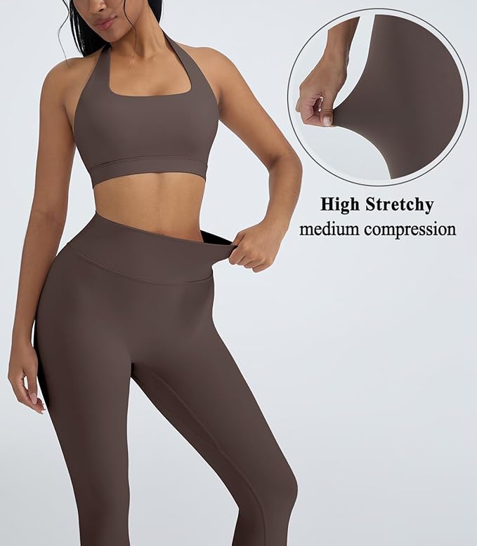 OMKAGI 2 Piece Workout Sets for Women Halter Sports Bras Gym Sets Booty Leggings Outfits