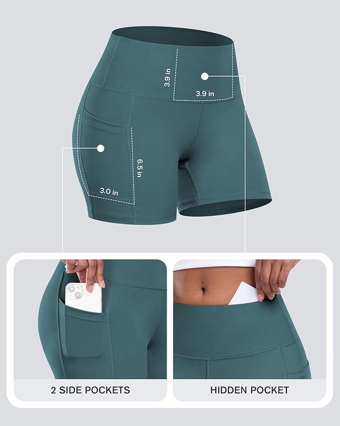 CHRLEISURE Womens Biker Yoga Shorts with Pocket, High Waisted Tummy Control 5 Inch Workout Spandex Athletic Gym Shorts