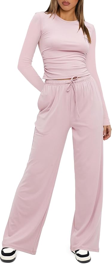 Darong Women's 2 Piece Outfits Lounge Sets 2026 Long Sleeve Tops Wide Leg Pants Casual Matching Set