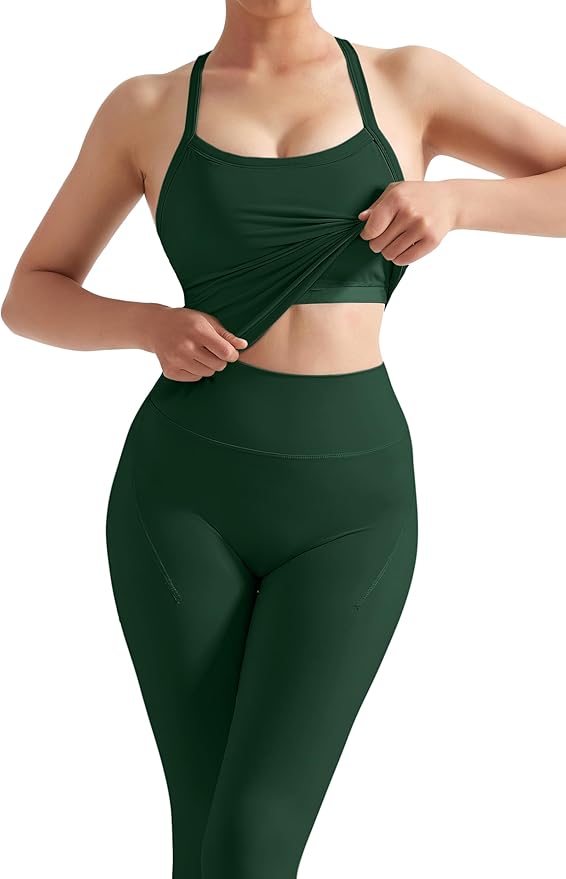 SUUKSESS Women 2 Piece Workout Sets Compression Tummy Control Leggings with Pockets Halter Built in Bra Tank Tops