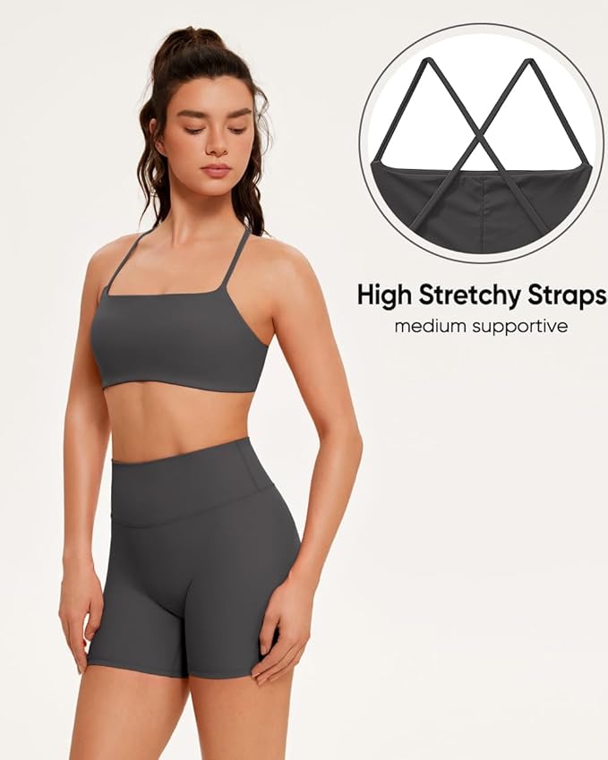 OMKAGI Workout Sets for Women Open Back Strappy Sports Bra Booty Biker Shorts Gym Outfits