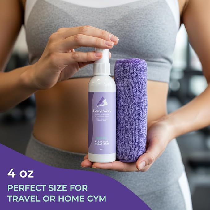 SwaytAway Fitness Mat Mist – 4oz Travel Size Yoga Mat Spray with Towel - (Pack of 2) – Aromatherapy-Inspired Lavender and Patchouli Blend – Plant-Based, No Rinse, Refreshes & Deodorizes