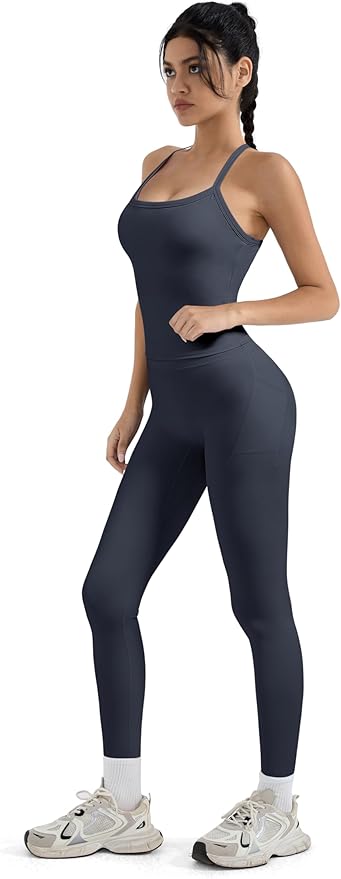 SUUKSESS Women 2 Piece Workout Sets Compression Tummy Control Leggings with Pockets Halter Built in Bra Tank Tops