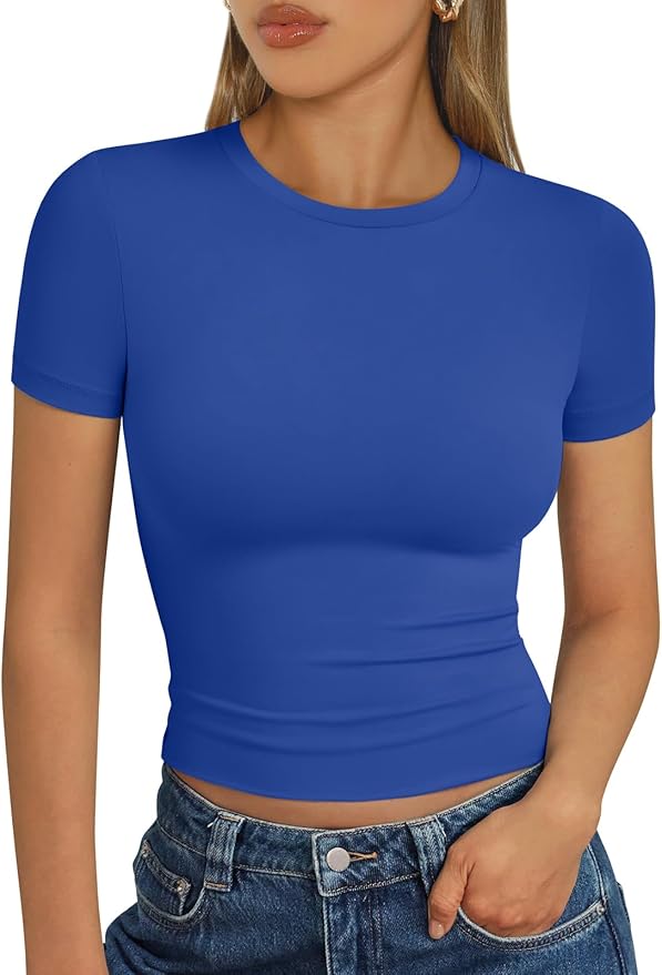 Trendy Queen Womens Short Sleeve T Shirts - Buttery Soft Summer Crop Tops Slim Fit Y2k Basic Tees for Workout