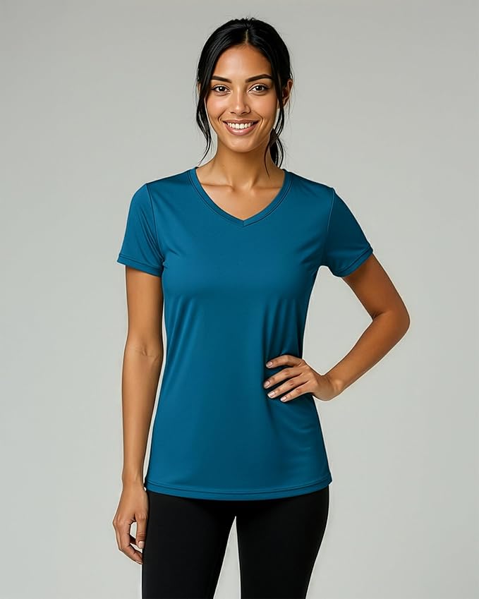 Real Essentials 5 Pack: Women's Dry-Fit Short Sleeve V Neck T Shirt Workout Fitness Yoga Top Tee (Available in Plus Size)