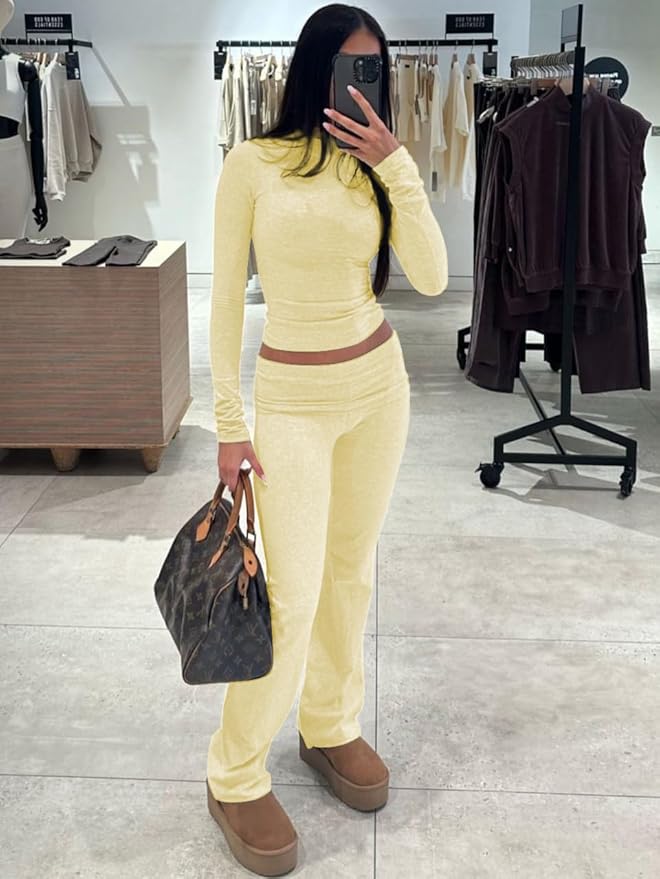 ZFLM Casual Workout Two Piece Outfits Long Sleeve High Waist Fold-Over Flared Leggings Pants Tracksuit Sets Streetwear