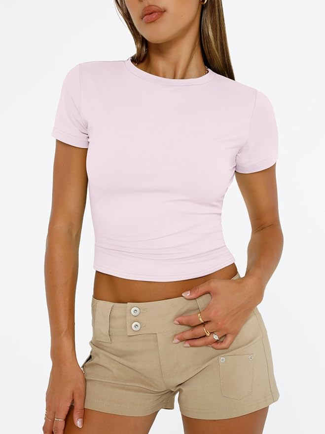 Trendy Queen Womens Short Sleeve T Shirts - Buttery Soft Summer Crop Tops Slim Fit Y2k Basic Tees for Workout