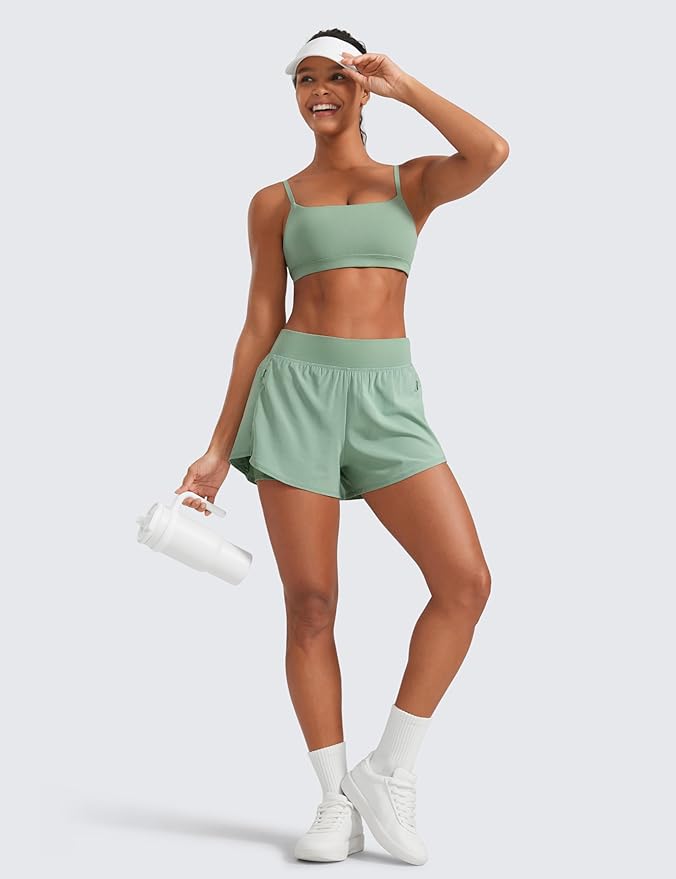 CRZ YOGA 2 in 1 Double Layer Running Shorts for Women 3" - High Waisted for Athletic Tennis Workout with Zip Pockets