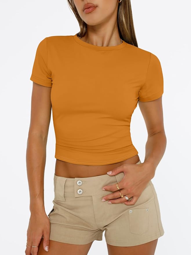 Trendy Queen Womens Short Sleeve T Shirts - Buttery Soft Summer Crop Tops Slim Fit Y2k Basic Tees for Workout