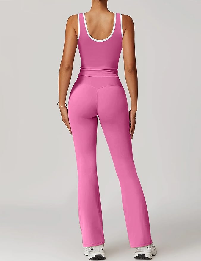 OLCHEE Womens Workout Sets 2 Piece Gym Yoga Outfits Crossover Flare Leggings Crop Tank Top with Contrast Trim