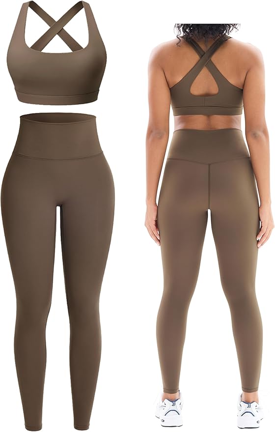 Workout Sets for Women 2 Piece Seamless High-Waisted Leggings & Cross Back Padded Sports Bra for Yoga Pilates