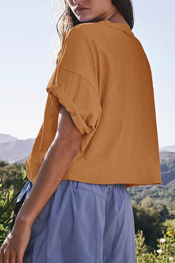 Women's Oversize Workout Crop Tops Casual Short Sleeve Drop Shoulder Boxy T-Shirts Roll Hem Basic Loose Yoga Running Tees