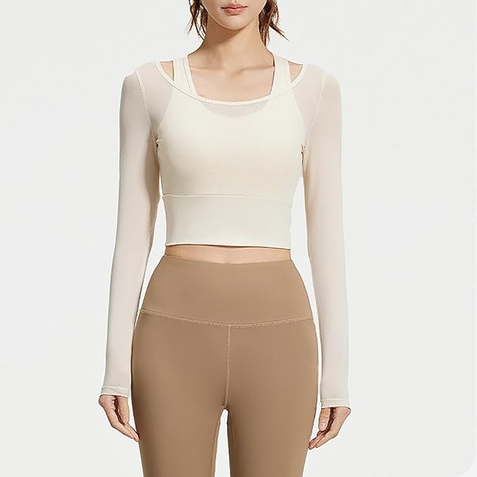 Women's 2 in 1 Yoga Long Sleeve Mesh Gym Athletic Tops Stretch Workout Pilates Shirts with Comfortable Sports Bra