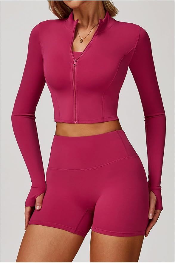 Yknktstc Womens Full Zip Athletic Jacket with Thumbhole Long Sleeve Crop Top Running Workout Yoga Sportswear Shirt