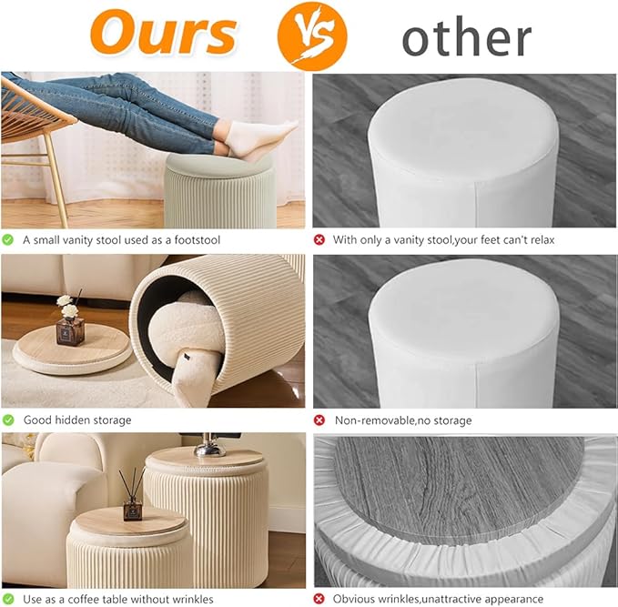 BLEXA Round Set of 2 Ottoman with Storage-Upholstered Velvet Vanity Stool for Makeup Multifunctional Ottomans Coffee Table Padded Seat Foot Rest for Living Room&Bedroom(White)