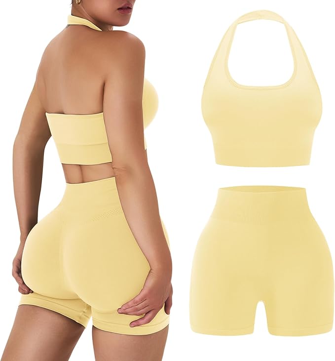 OLCHEE Workout Sets for Women 2 Piece Backless Halter Sports Bra High Waist Booty Shorts Yoga Gym Outfits Lounge Activewear