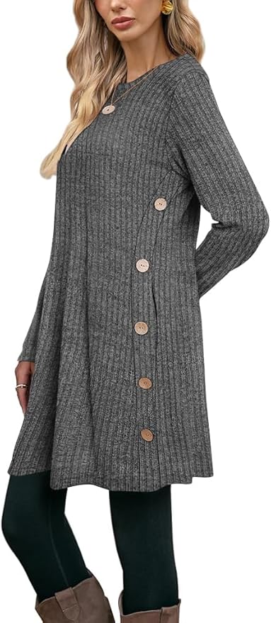 Poetsky Women Long Sleeve Tunic Tops to Wear with Leggings Side Buttons Long Shirts Rib Sweater Dress with Pockets S-3XL
