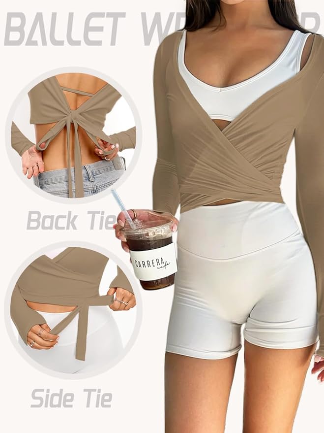 Danysu Ballet Wrap Tops Long Sleeve Cross Tie Crop Shirts Deep V-Neck Dance Clothes Fall Cardigans