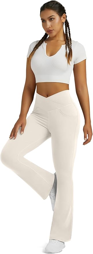 Flare Leggings for Women Yoga Pants with Pockets High Waisted Crossover Flare Leggings Bootcut Casual Yoga Pants