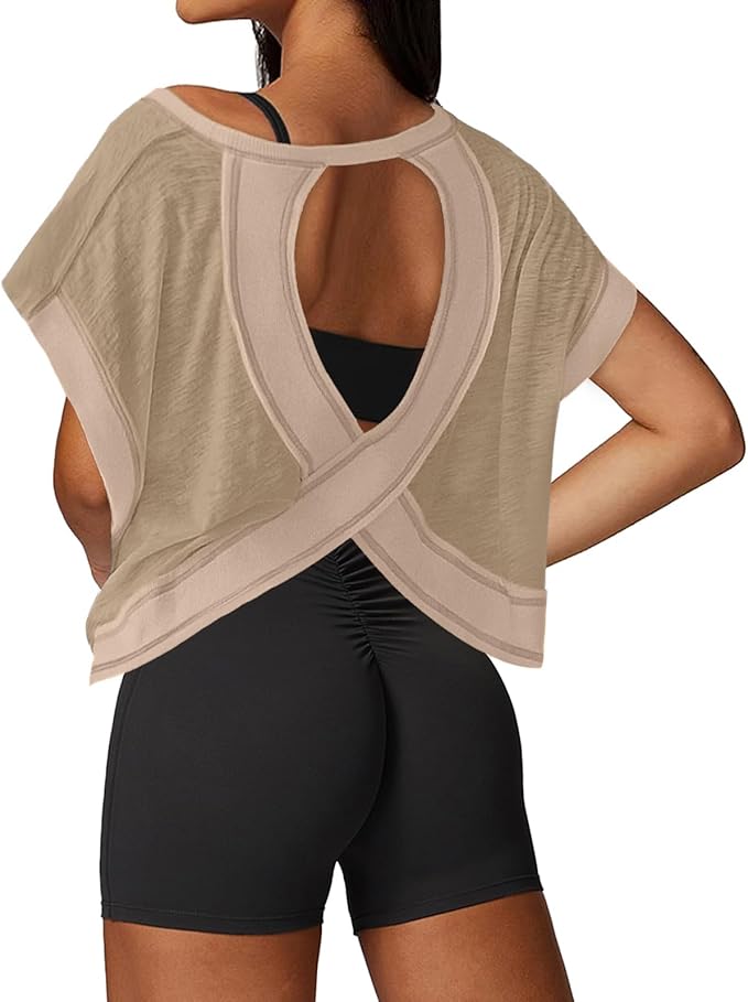 UNIANKIYA Open Back Workout Tops for Women Loose Fit Athletic Crop Tee Short Sleeve Gym Running Yoga Shirt