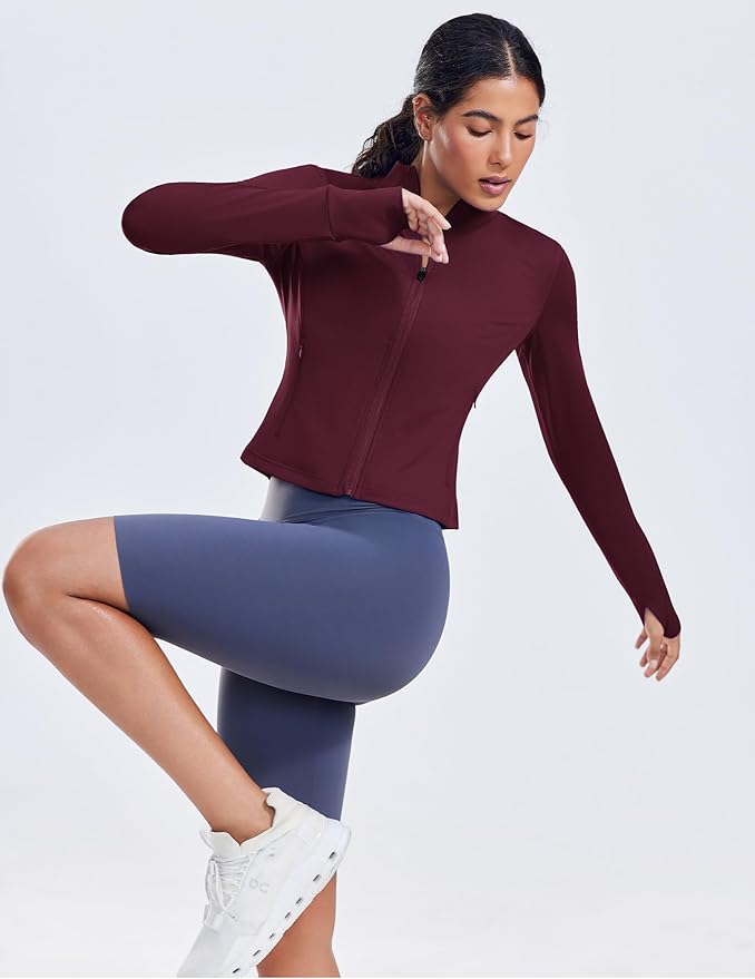 PINSPARK Women Cropped Workout Jackets Full Zip Slim Fit Athletic Jackets Thumb Holes Running Jacket with Zipper Pockets