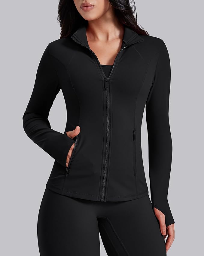 AVGO Womens Workout Jackets Lightweight Athletic Zip Up Jacket Slim Fit Running Gym Top with Pockets & Thumb Holes