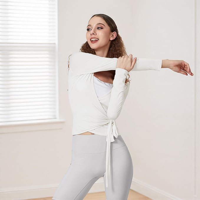 Women Ballet Wrap Top Long Sleeve Self Tie Dance Shirt Pilates Yoga Tops Y2k Workout Active Blouses