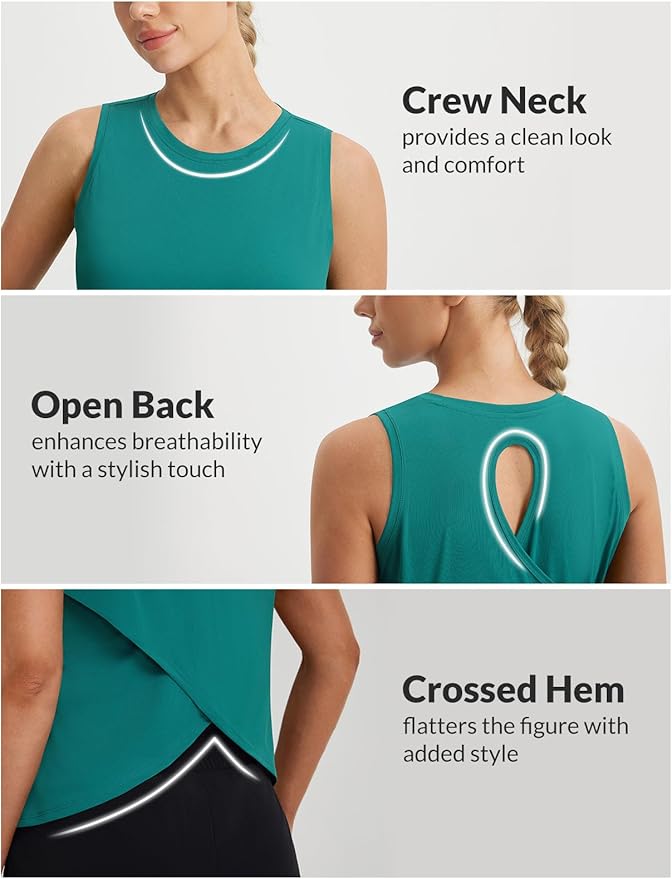 baleaf Women's Workout Tops Athletic Tank Tops Loose Fit Sleeveless Open Back Running Shirts UPF50+ Gym Exercise Yoga