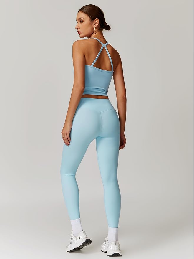 QBGJTD Womens Workout Sets Two Piece Cross Back Tank Top Matching High Waist Leggings Sets Gym Outfits Work Out Clothes