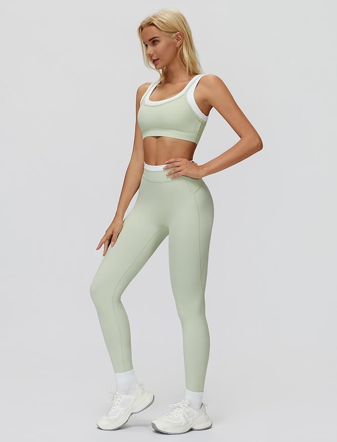 ABOCIW Two Piece Workout Sets for Women Layer Sports Bra Tummy Control High Wait Leggings Gym Yoga Outfits