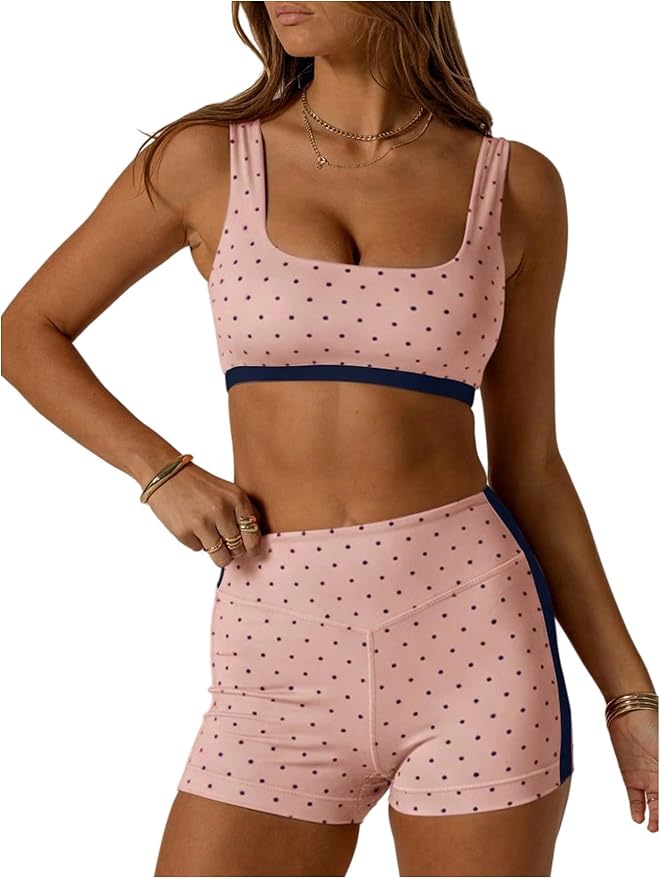 Milumia Women's Polka Dots Workout Set 2 Piece Color Block Yoga Outfit Bra Tank High Waisted Biker Shorts