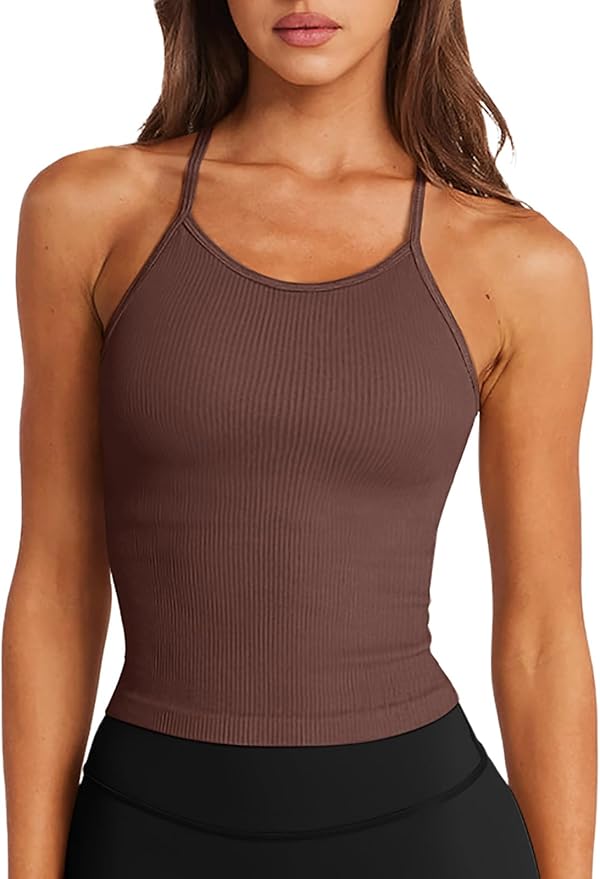 LASLULU Womens Sports Bra Seamless Long Crop Tank Racer Back Spaghetti Strap Workout Yoga Bra Padded Halter Neck Casual Tops