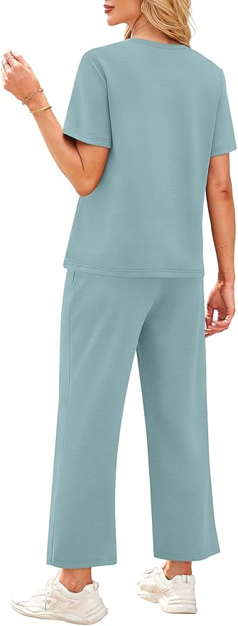 WIHOLL 2 Piece Sets for Women Casual Summer Travel Vacation Outfits Short Sleeve Wide Leg Crop Pants Lounge Sets