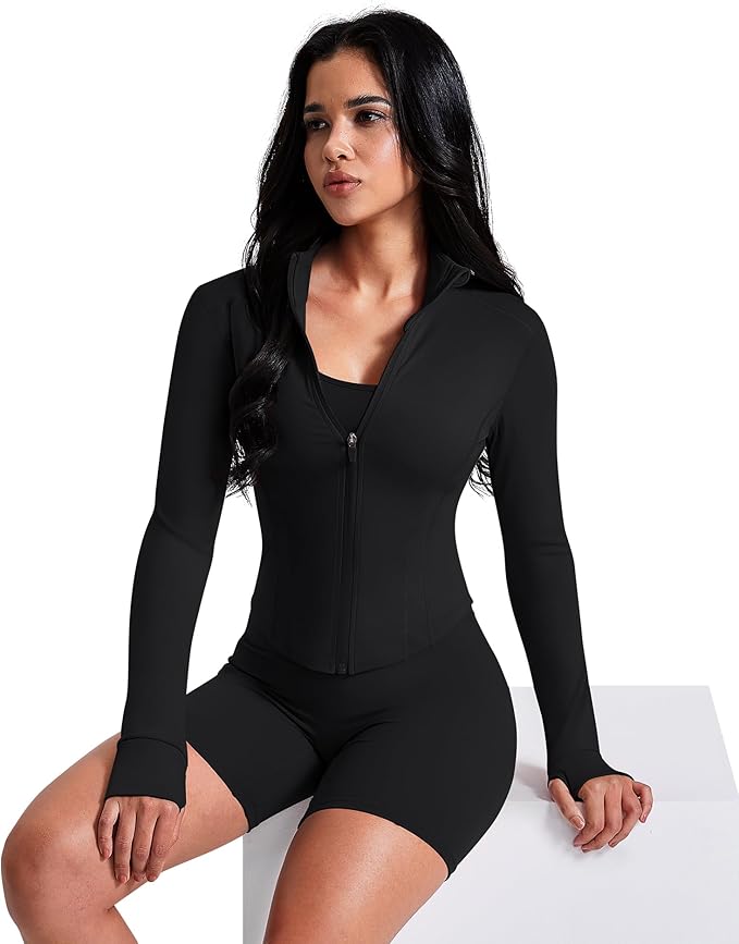 AVGO Women's Workout Jacket Lightweight Zip Up Crop Top Running Sportwear Slim Fit Gym Jackets With Thumb Holes
